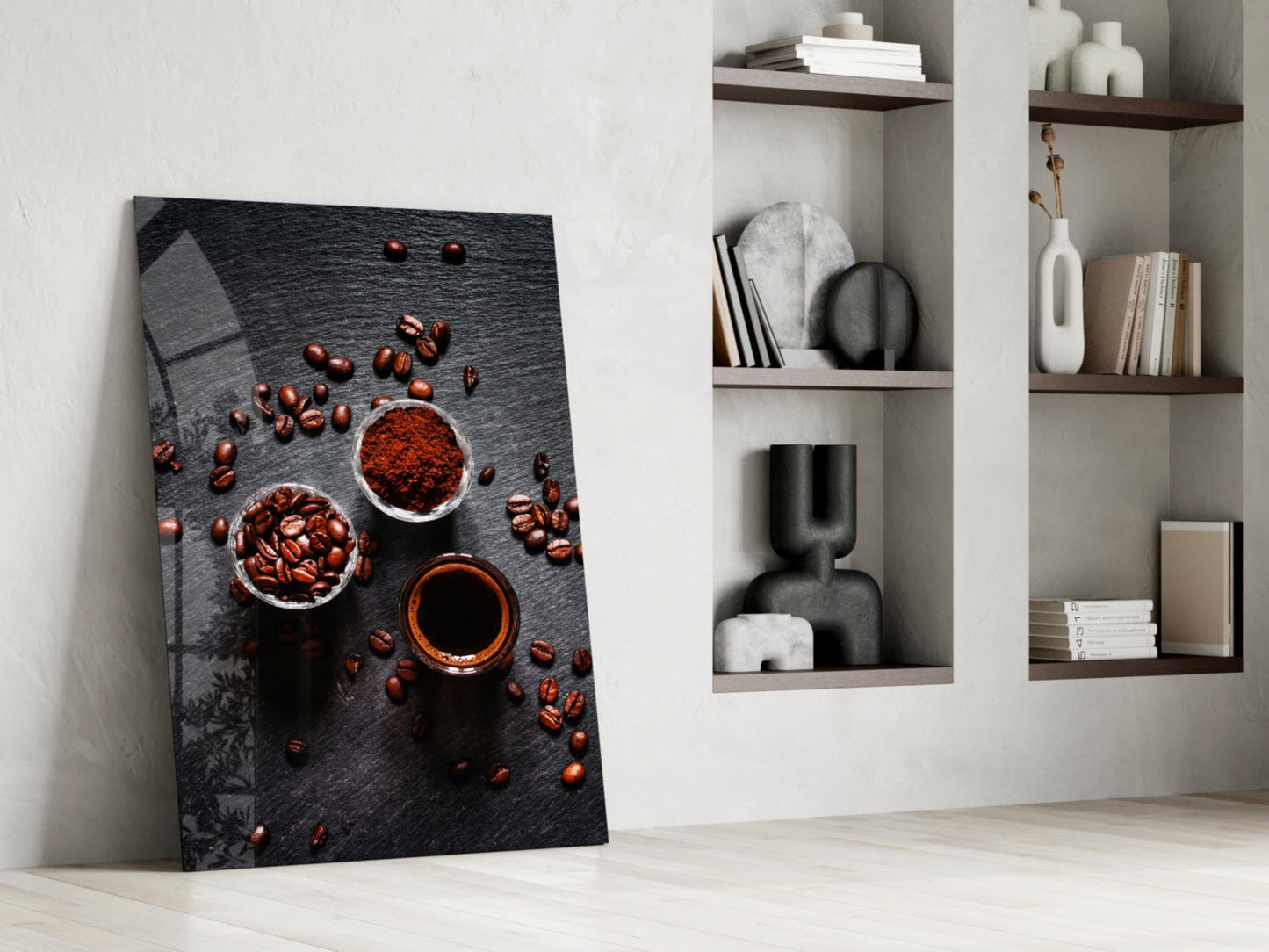 Overhead Coffee Beans and Grounds Glass Wall Art