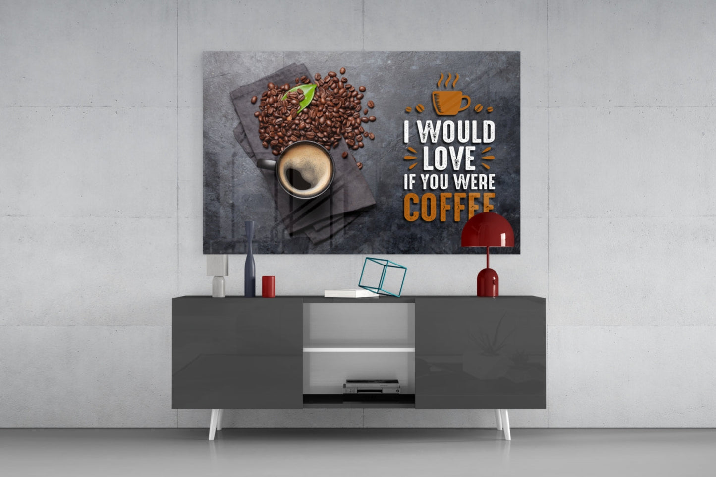 Coffee Cup and Beans Quote Glass Wall Art