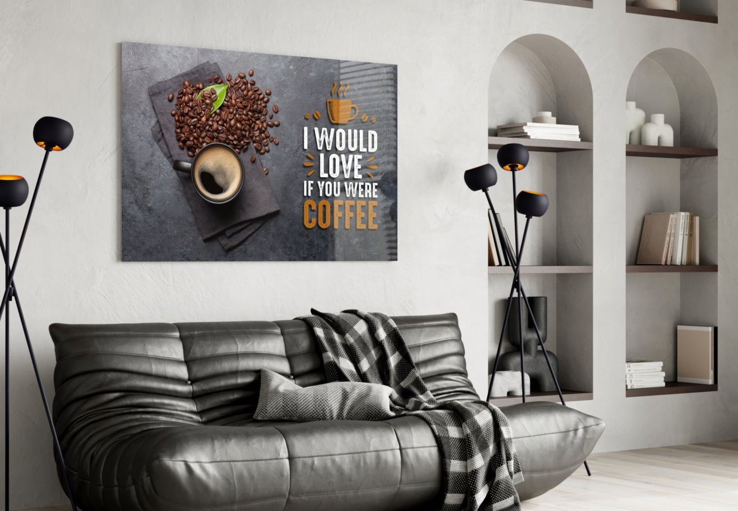 Coffee Cup and Beans Quote Glass Wall Art