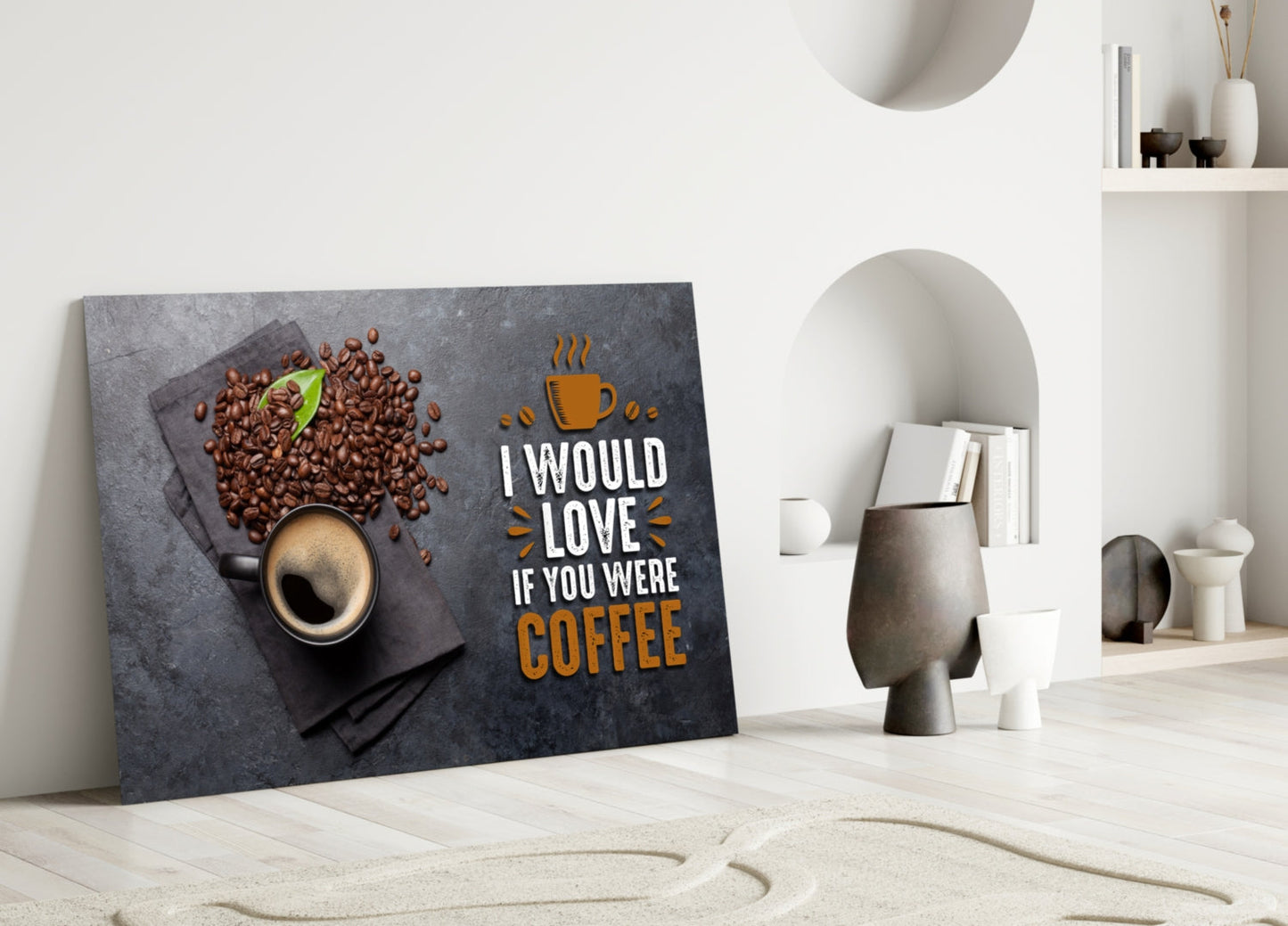 Coffee Cup and Beans Quote Glass Wall Art