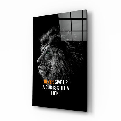 Never Give Up lion glass wall art, black-and-white lion with emerald eye and quote