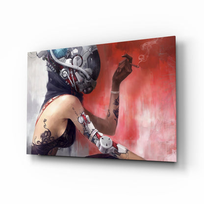 Cyberpunk Portrait Glass Wall Art with chrome-and-crimson figure