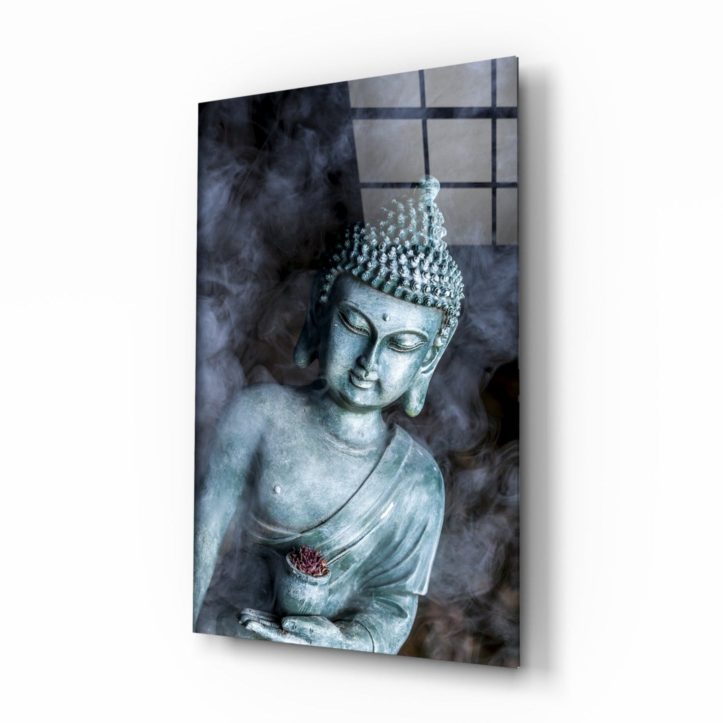 Bronze Buddha glass wall art with incense and smoke