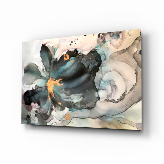 Teal and charcoal alcohol ink flower glass wall art with a tangerine center, angled on a white background