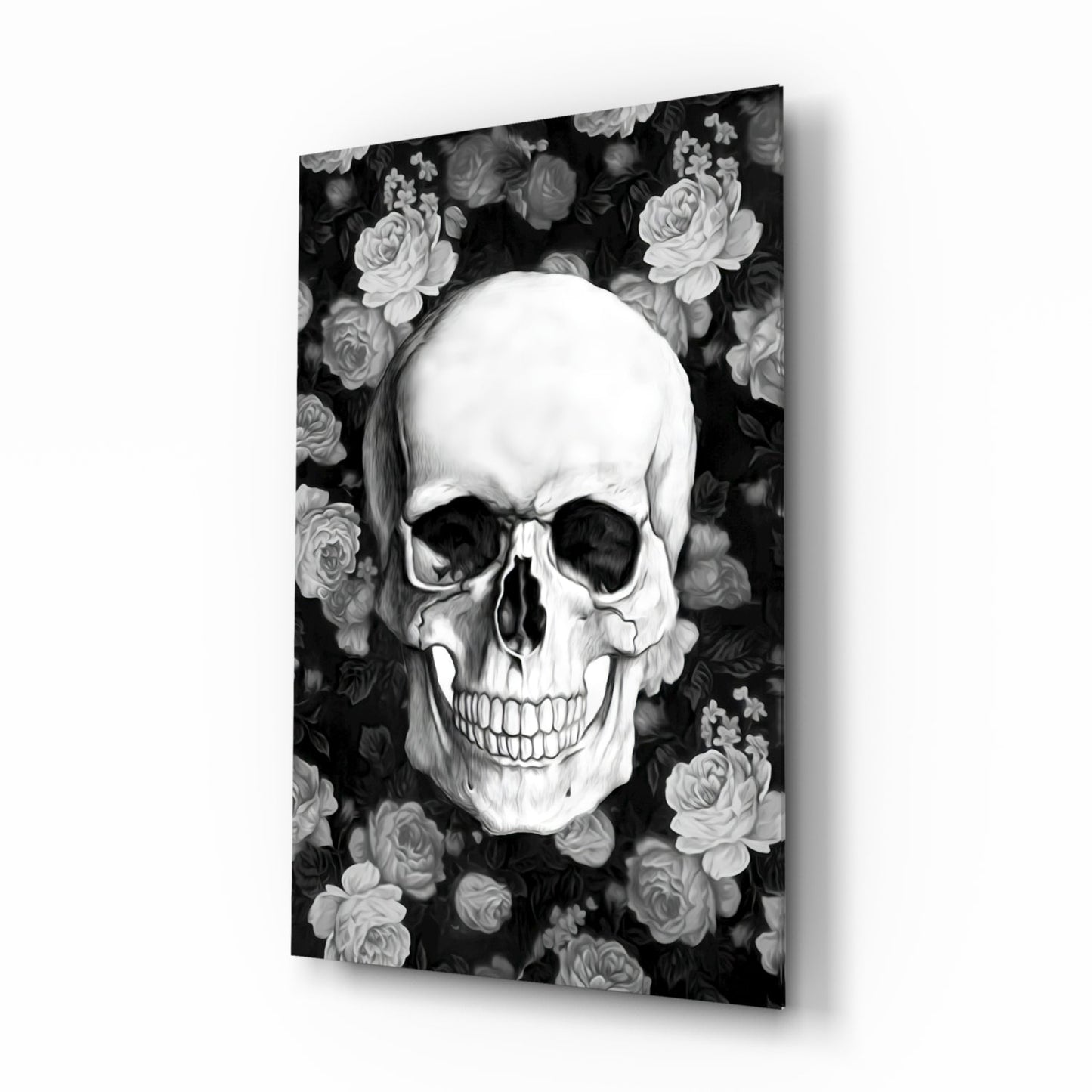 Monochrome rose garden skull glass wall art