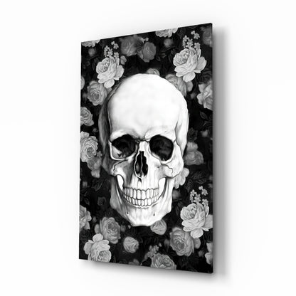 Monochrome rose garden skull glass wall art