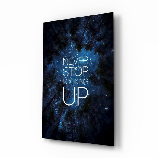 Starry forest motivational glass wall art shown at an angle on a white background