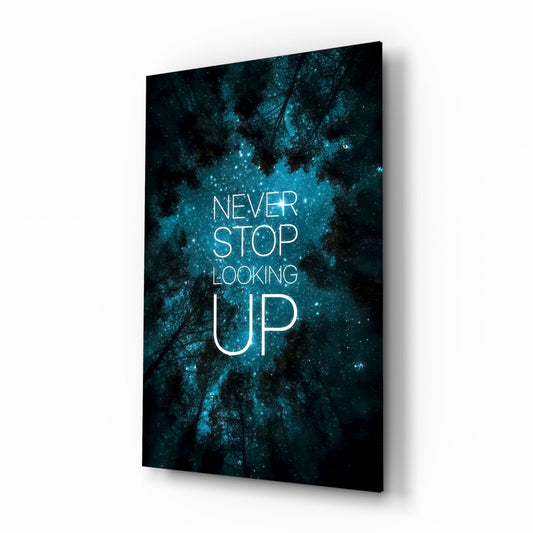 Teal night sky motivational glass wall art shown at an angle on a white background