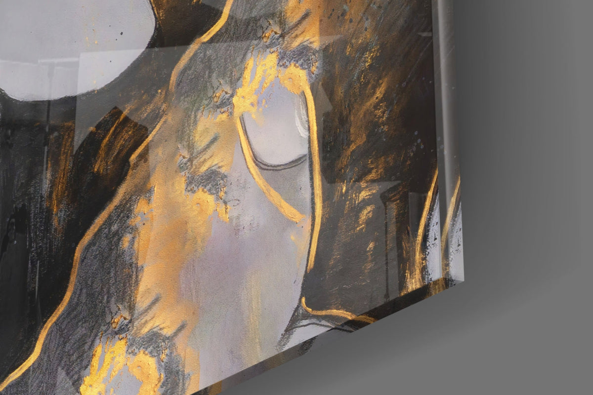 Close-up of the glossy tempered glass edge of the woman with a white lily in gold and gray piece