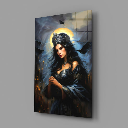 Gothic dark queen with ravens glass wall art on a gray wall, angled view
