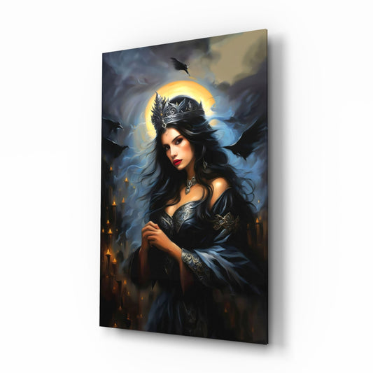 Gothic dark queen with ravens glass wall art angled on a white background