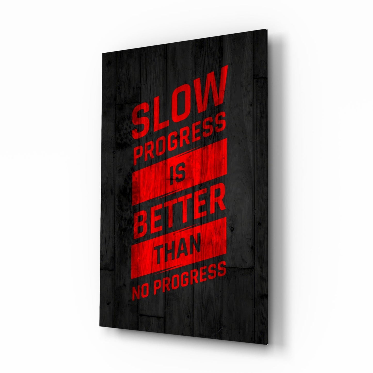 Slow Progress glass wall art, scarlet stencil motivational quote on ebony wood planks