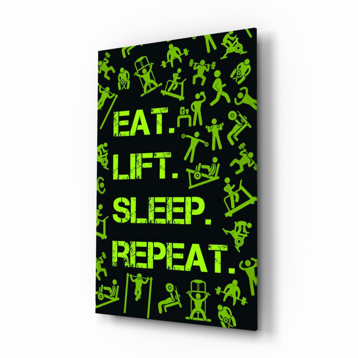 Eat Lift Sleep Repeat glass wall art, chartreuse gym typography and icons on black