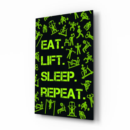 Eat Lift Sleep Repeat glass wall art, chartreuse gym typography and icons on black