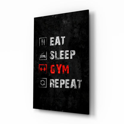 Eat Sleep Gym Repeat glass wall art, stacked fitness icons in scarlet and ivory on black