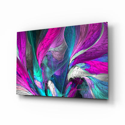Pink Dream fractal glass wall art, magenta and teal feathered plumes with bright highlights