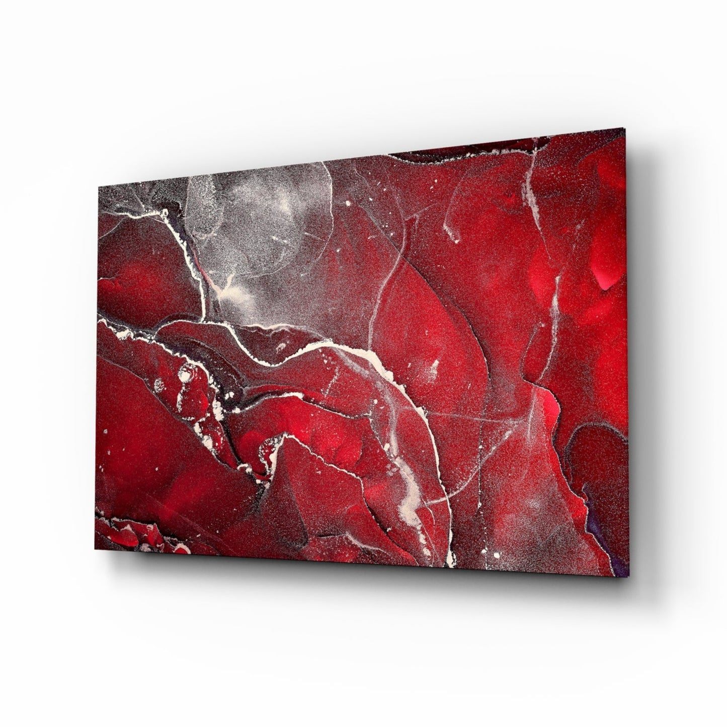 Red Marble Glass Wall Art with crimson alcohol-ink design