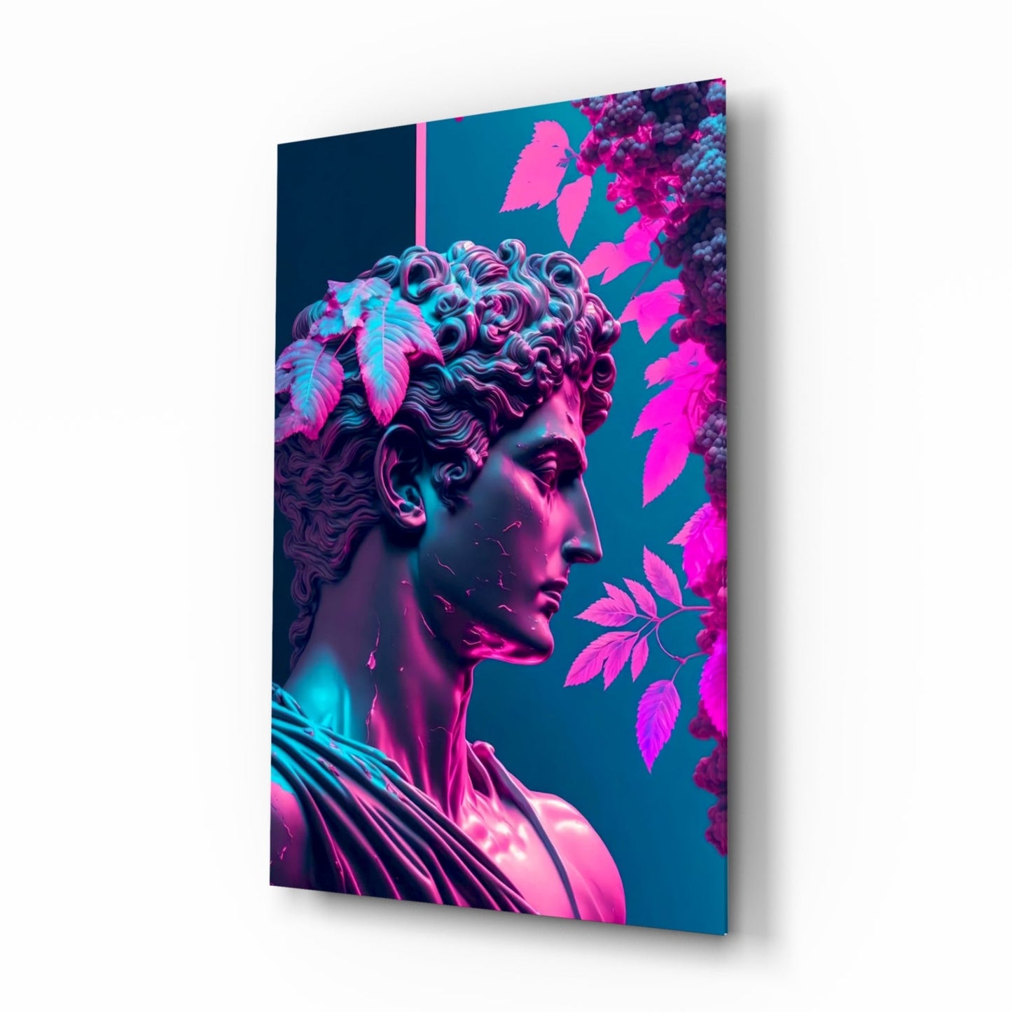 Neon classical bust glass wall art with magenta and cyan glow