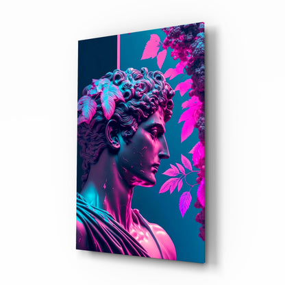 Neon classical bust glass wall art with magenta and cyan glow