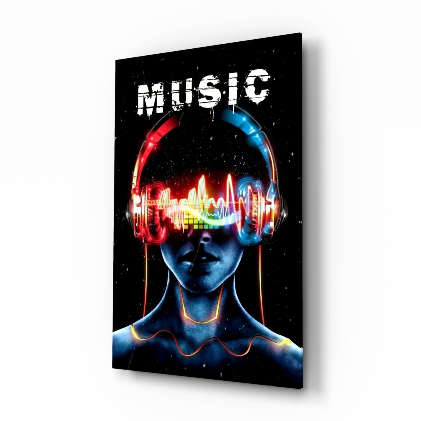 Music glass wall art neon equalizer headphones portrait
