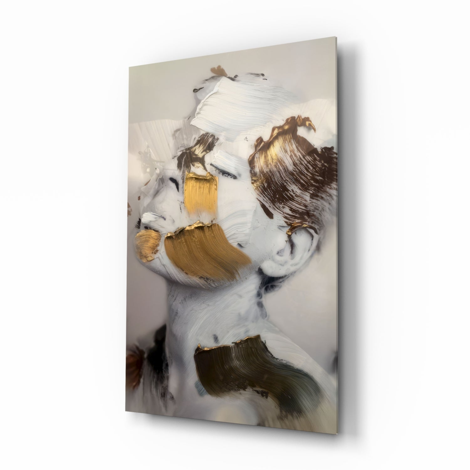 Brushed Face Glass Wall Art ivory and gold portrait