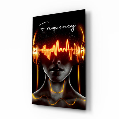 Frequency Glass Wall Art with headphones and waveform