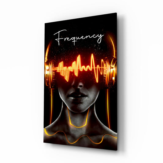 Frequency Glass Wall Art with headphones and waveform