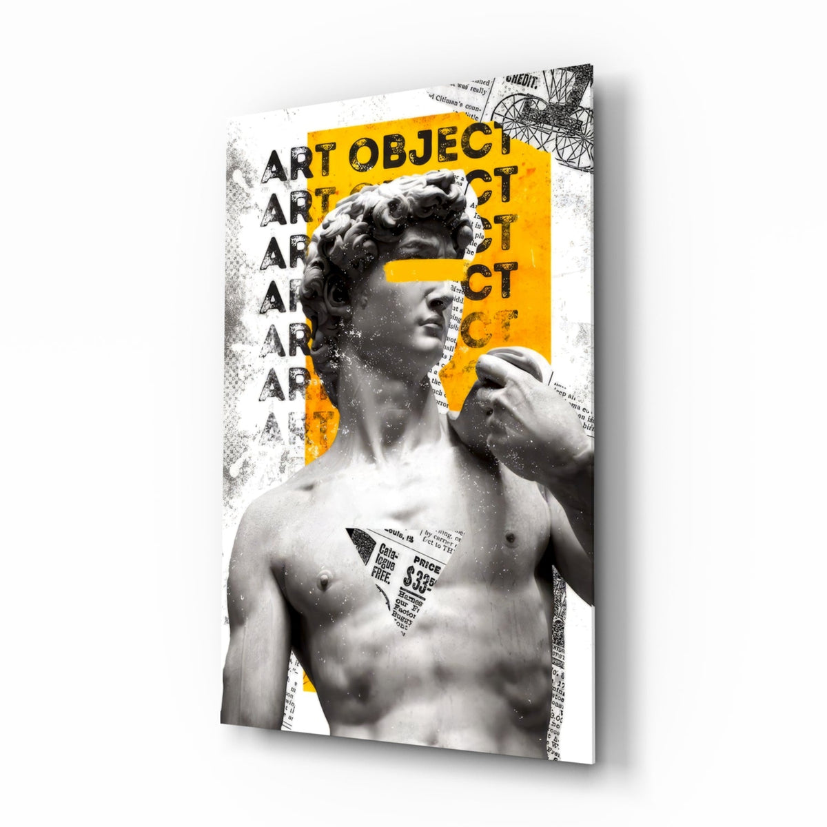 Marble statue on yellow newsprint collage glass wall art shown at an angle on a white background