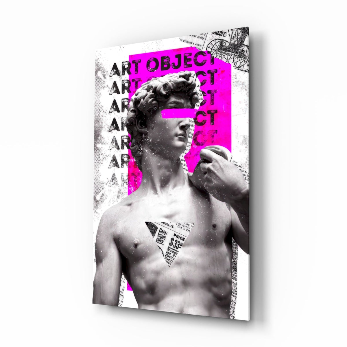 Marble statue on magenta newsprint collage glass wall art shown at an angle on a white background