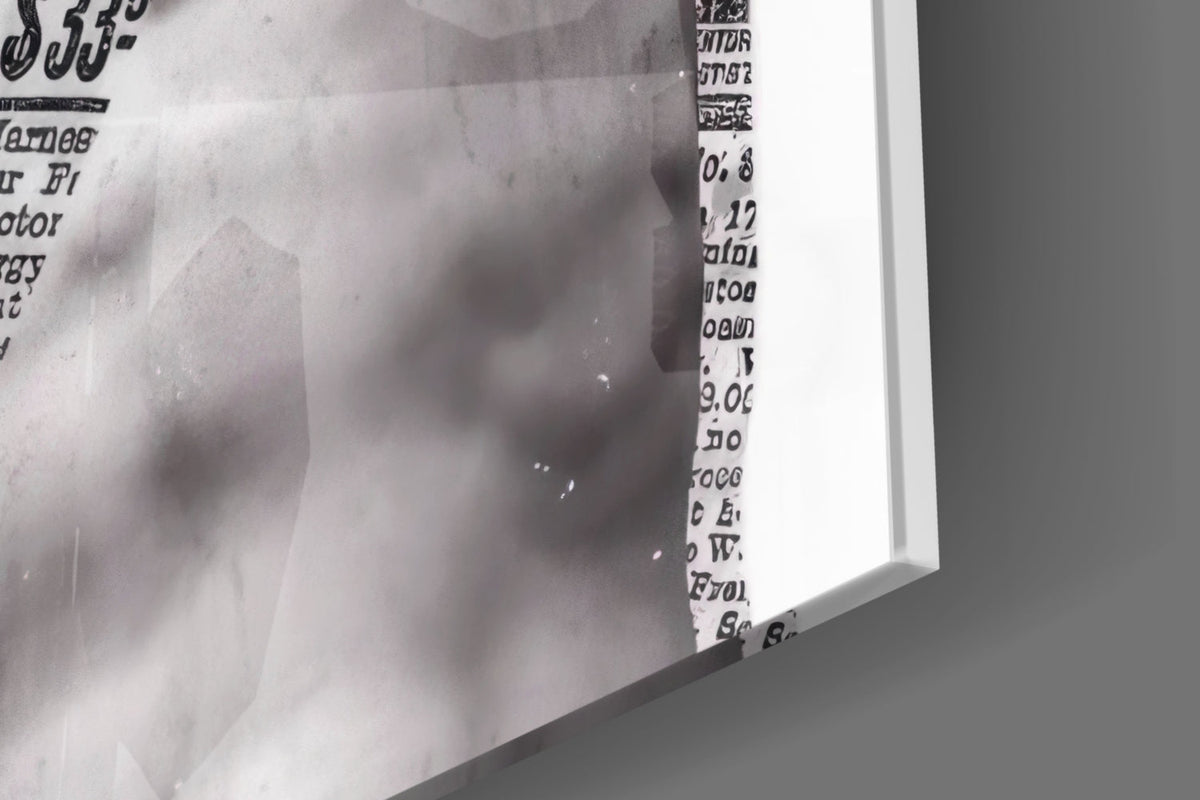 Close-up of the glossy tempered glass edge on the marble statue on magenta newsprint collage print