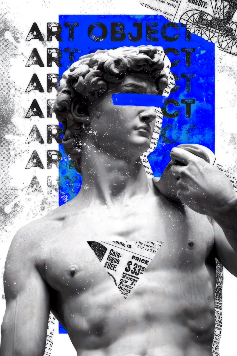 Marble statue on blue newsprint collage glass wall art shown straight on in full