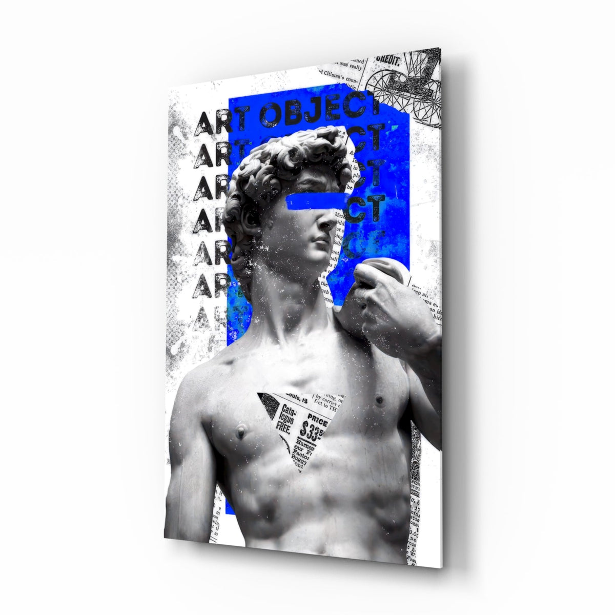 Marble statue on blue newsprint collage glass wall art shown at an angle on a white background