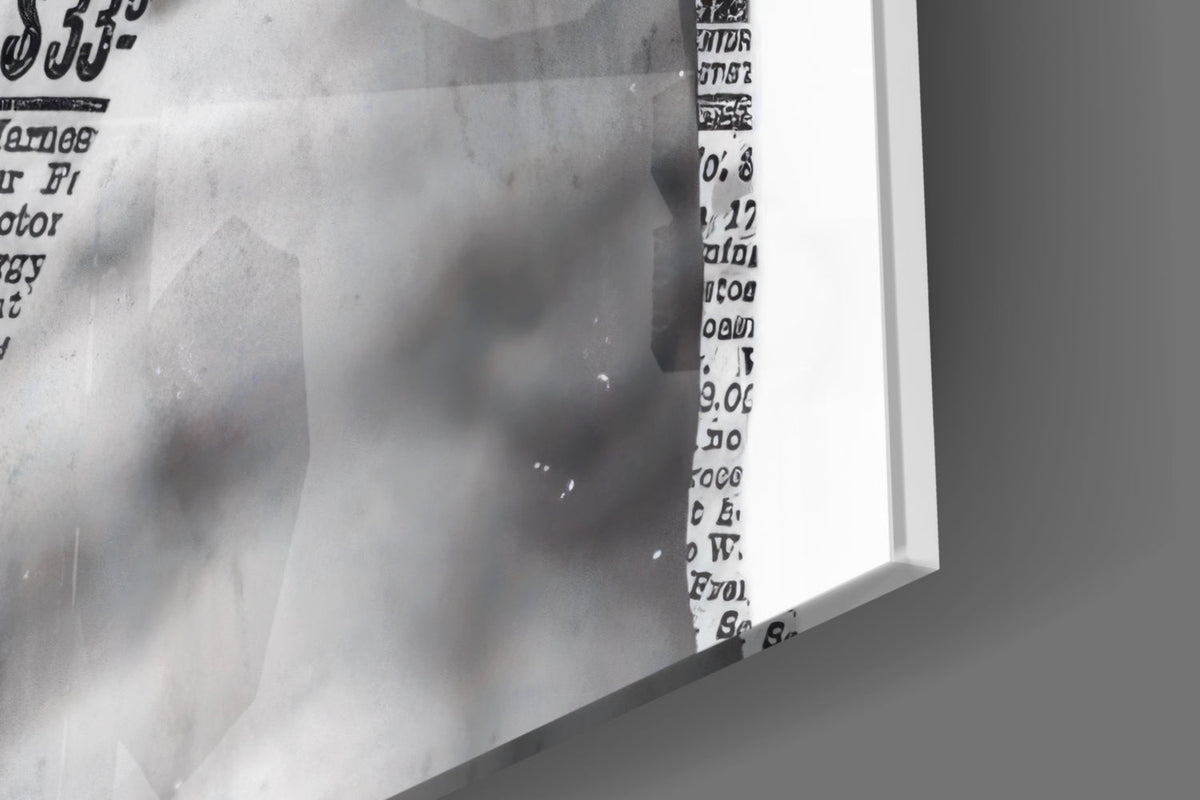 Close-up of the glossy tempered glass edge on the marble statue on blue newsprint collage print