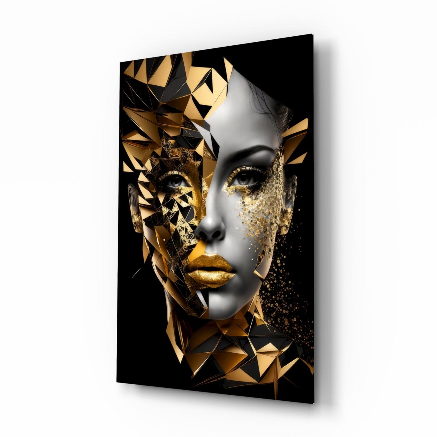 Golden Face glass wall art gold portrait design