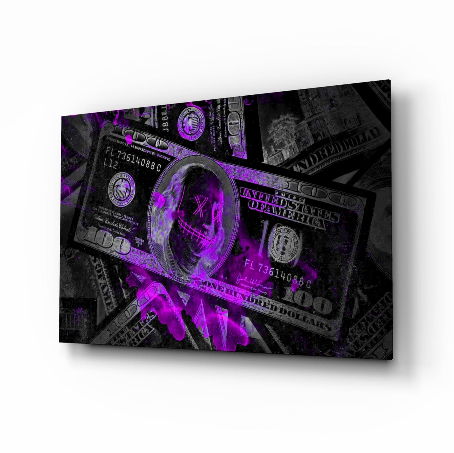 Money skull glass wall art with dollar bills and neon flame