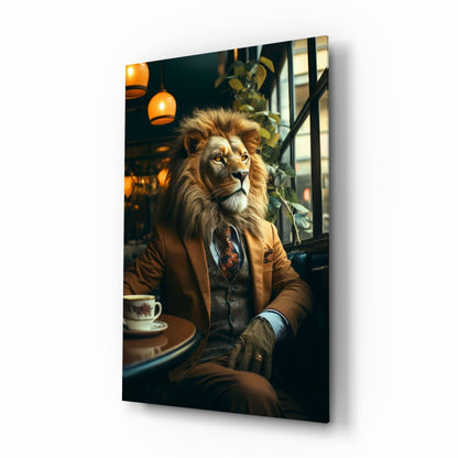 Lion gentleman glass wall art in a tweed suit at a cafe table