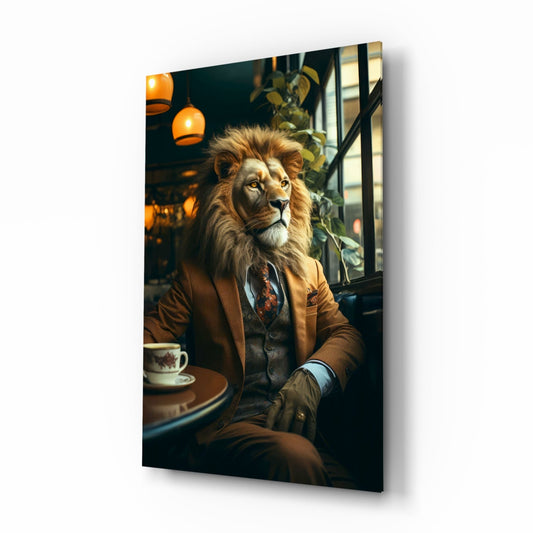 Lion gentleman glass wall art in a tweed suit at a cafe table
