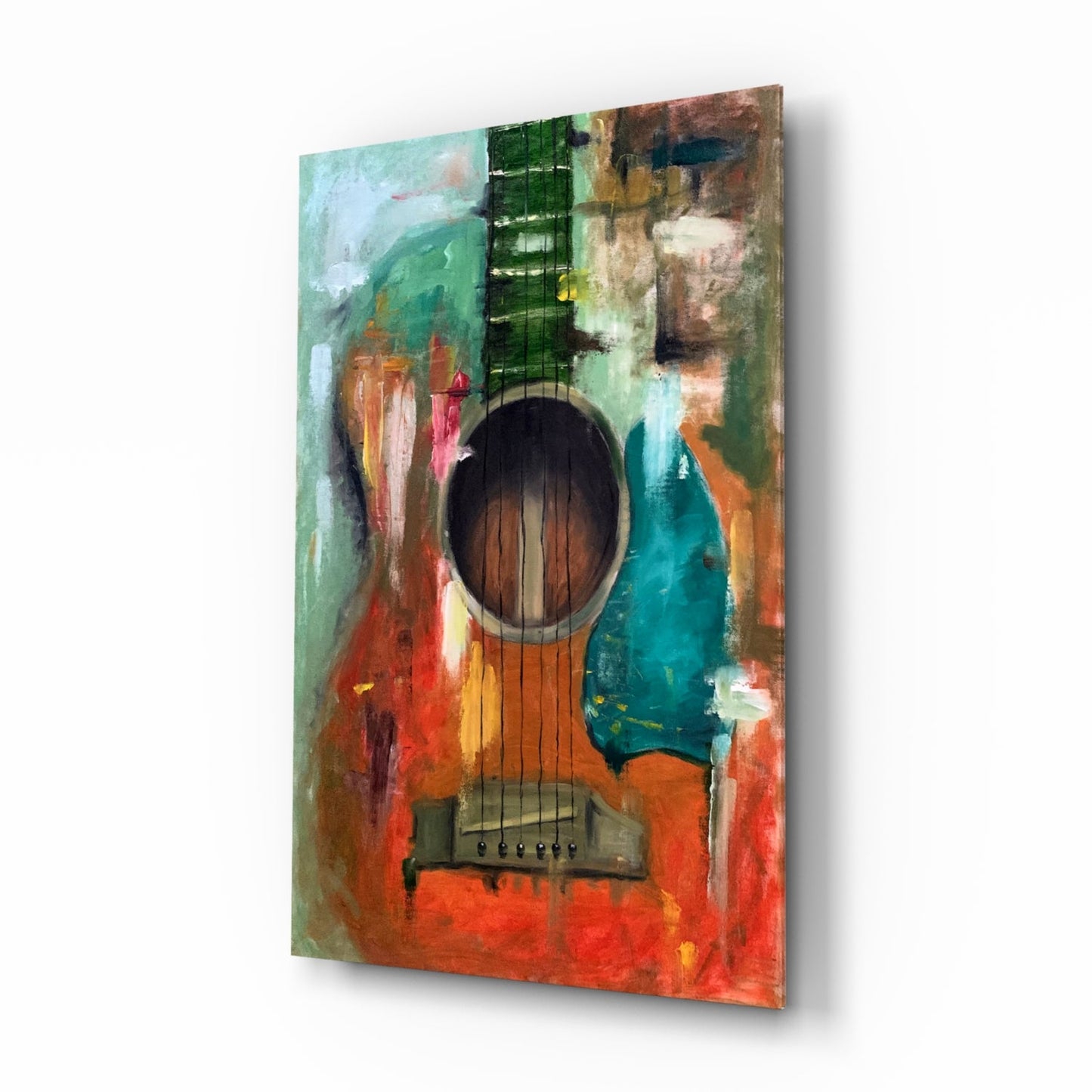 Painterly guitar glass wall art scarlet teal