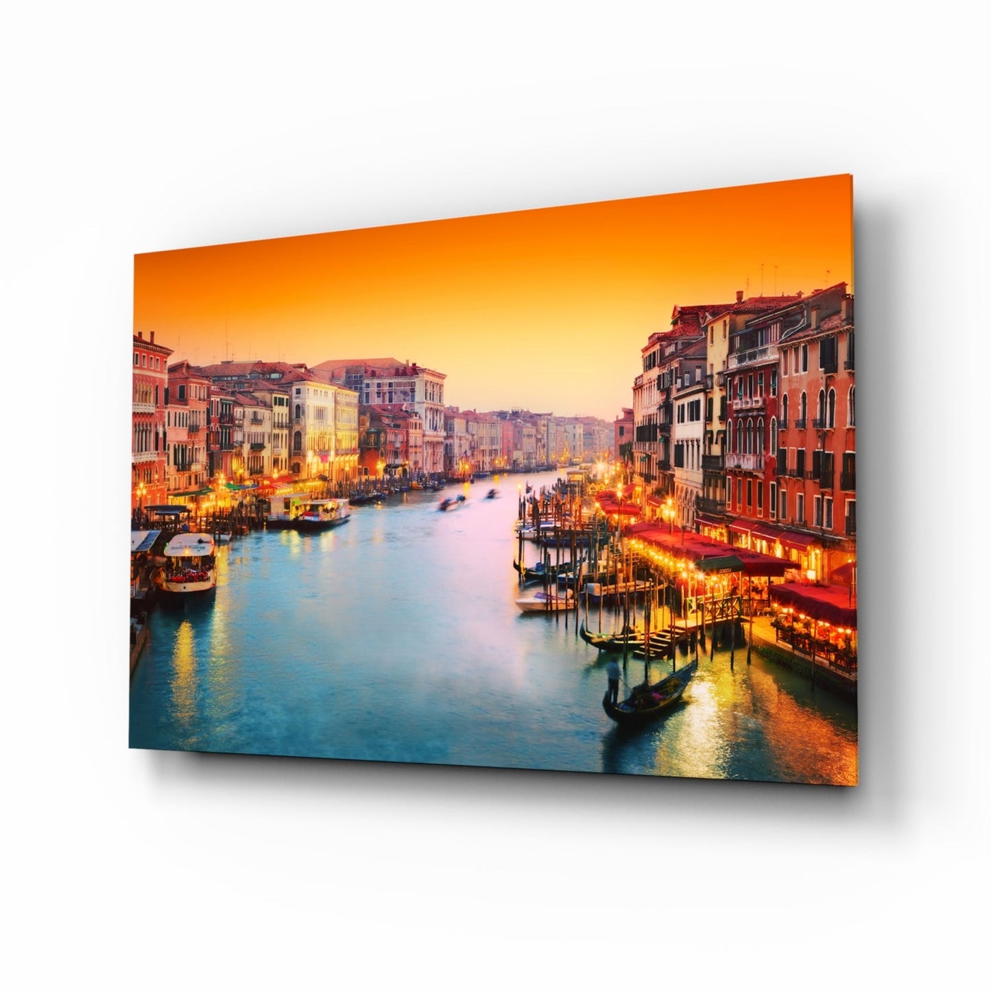 Venice sunset canal tempered glass wall art on a wall
