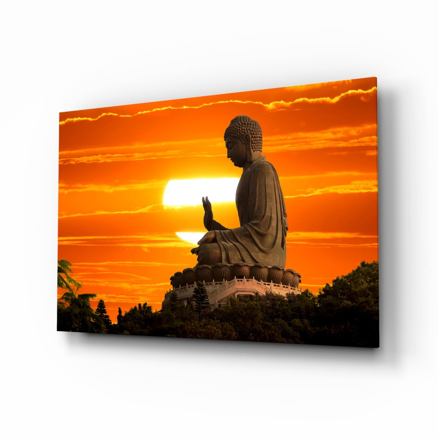 Buddha at sunset glass wall art in saffron and bronze on high-gloss tempered glass