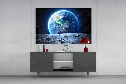 Earthrise Over Cratered Moon Glass Wall Art