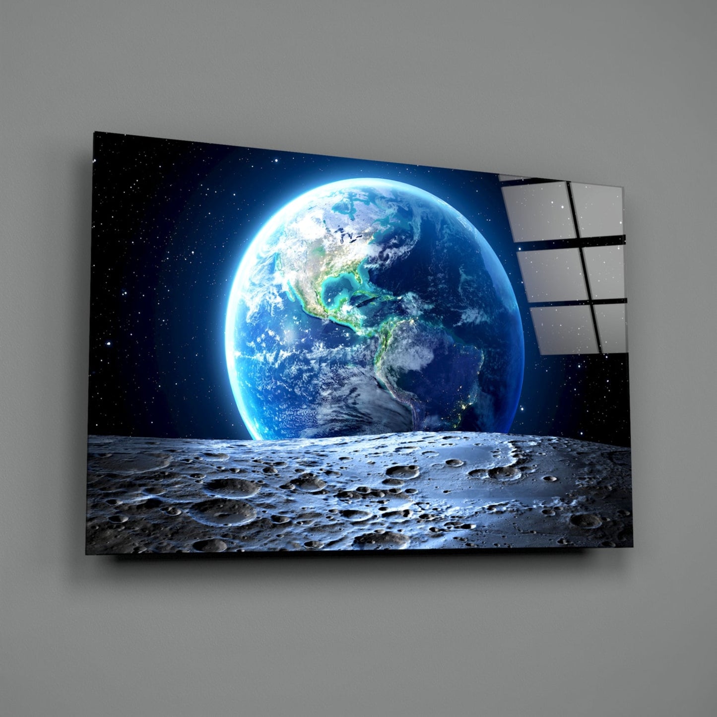 Earthrise Over Cratered Moon Glass Wall Art
