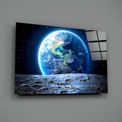 Earthrise Over Cratered Moon Glass Wall Art
