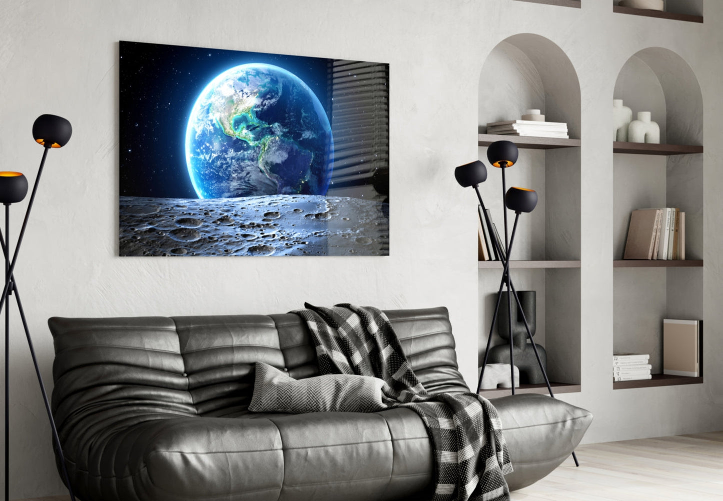 Earthrise Over Cratered Moon Glass Wall Art