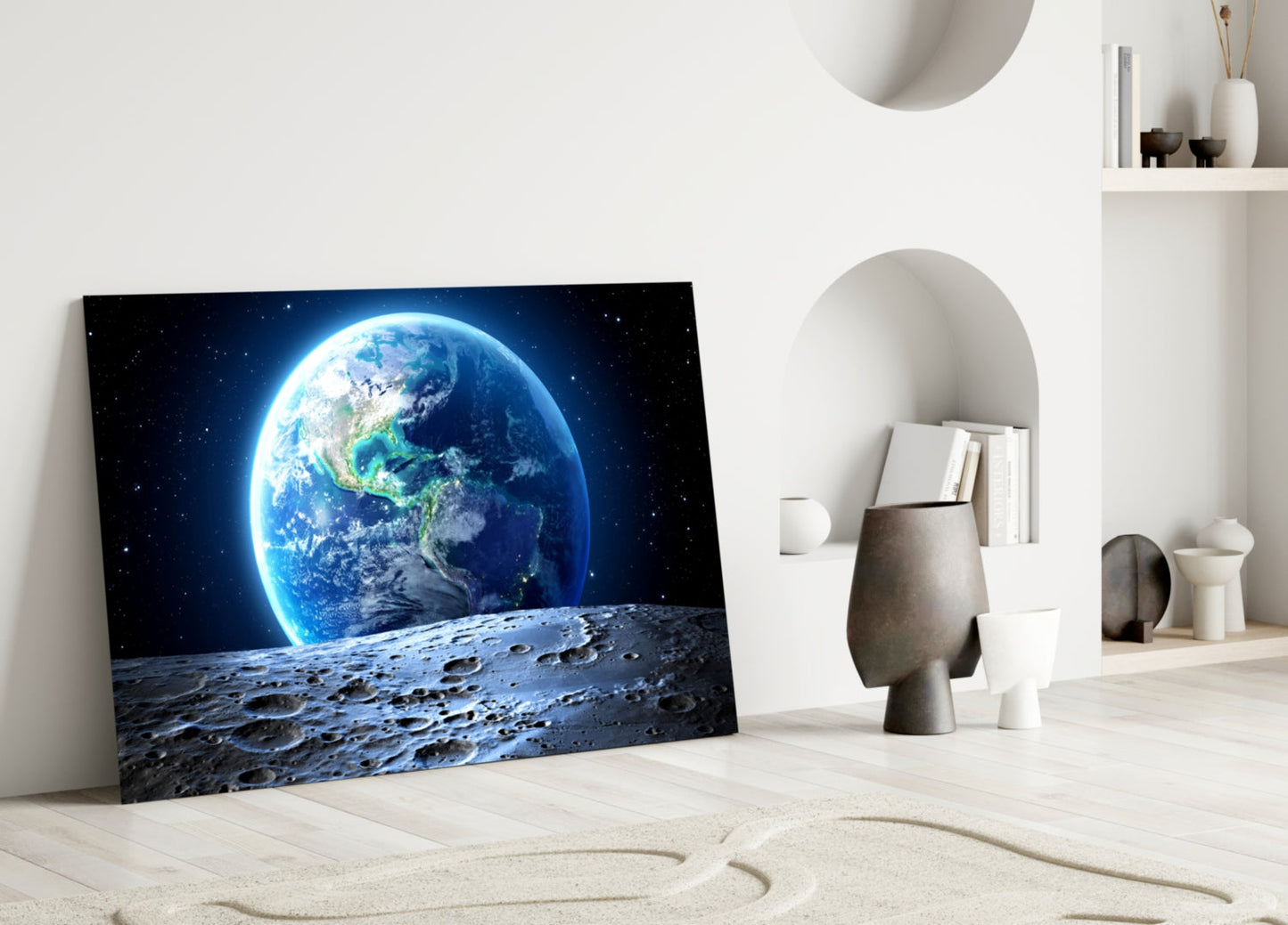 Earthrise Over Cratered Moon Glass Wall Art
