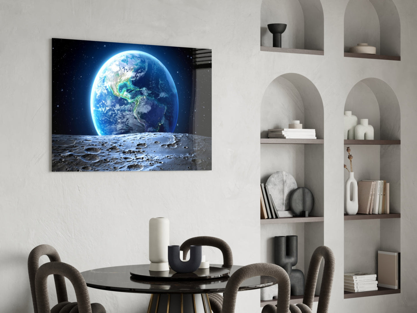 Earthrise Over Cratered Moon Glass Wall Art