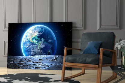 Earthrise Over Cratered Moon Glass Wall Art