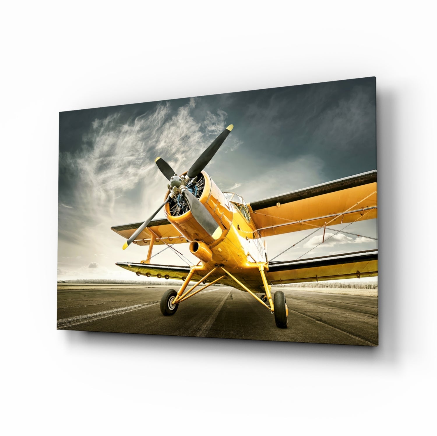 Aircraft glass wall art vintage biplane on runway