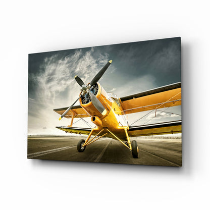 Aircraft glass wall art vintage biplane on runway