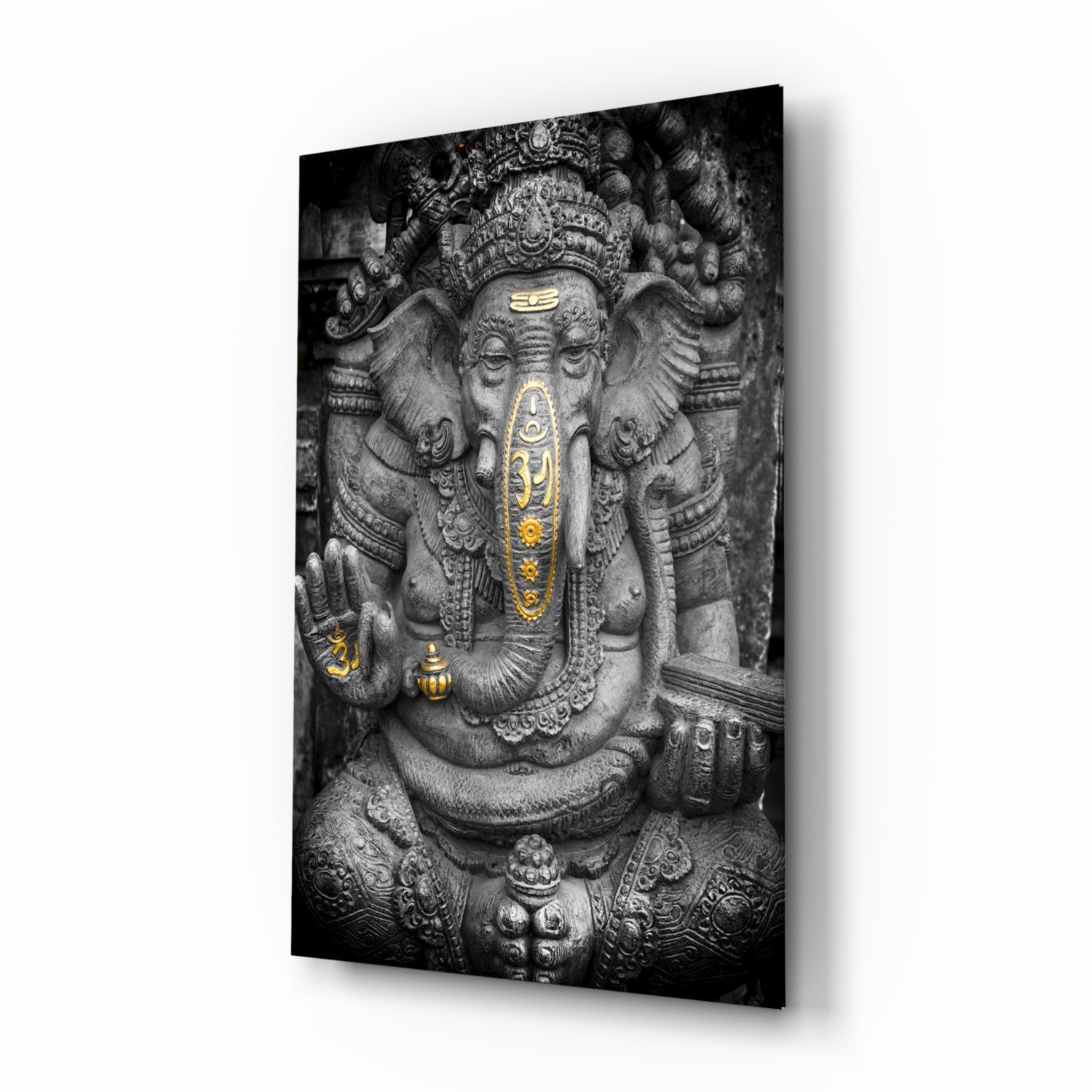 Ganesha stone carving glass wall art, black-and-white carved Ganesha with gold accents